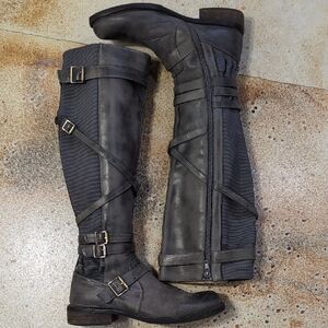 Miz Mooz Gray Leather Tall Kira Buckle Moto Riding Boots Size 6